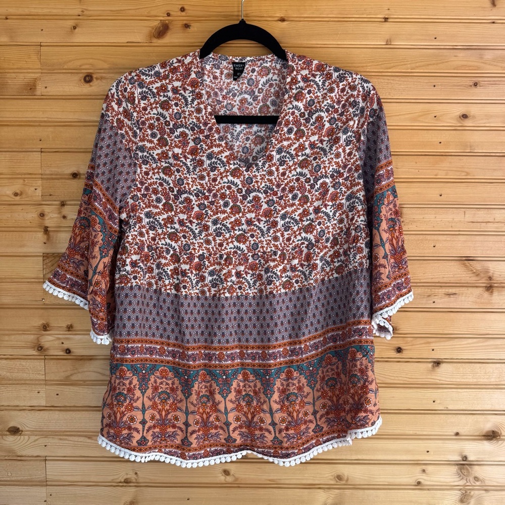 Emery Rose Top Floral Bohemian Women's XXL Orange Blue White Pom Trim